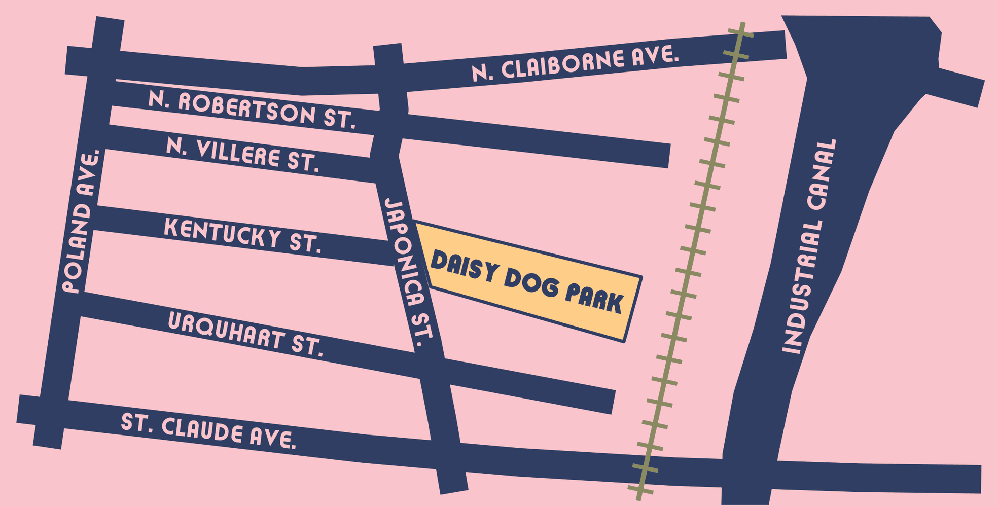 Street map showing Daisy Dog Park on Japonica Street between N. Villere Street and Urquhart Street, next to the railroad and the Industrial Canal, with N. Claiborne Avenue, St. Claude Avenue and Poland Avenue around it.