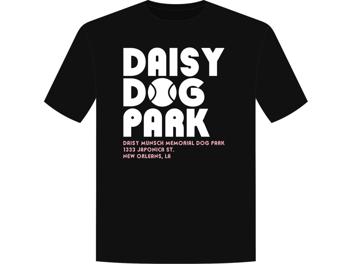 Black T-shirt with Daisy Dog Park in large white letters and the park's name and address in pink.