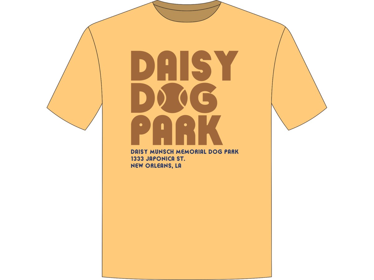 Yellow T-shirt with Daisy Dog Park in large brown letters and the park's name and address.