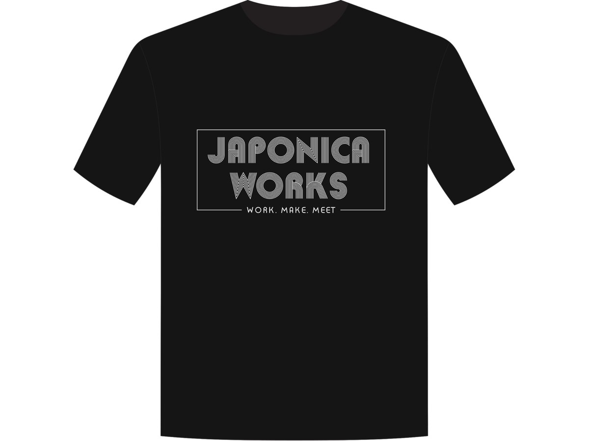 Black fitted T-shirt with the boxed Japonica Works logo in white.