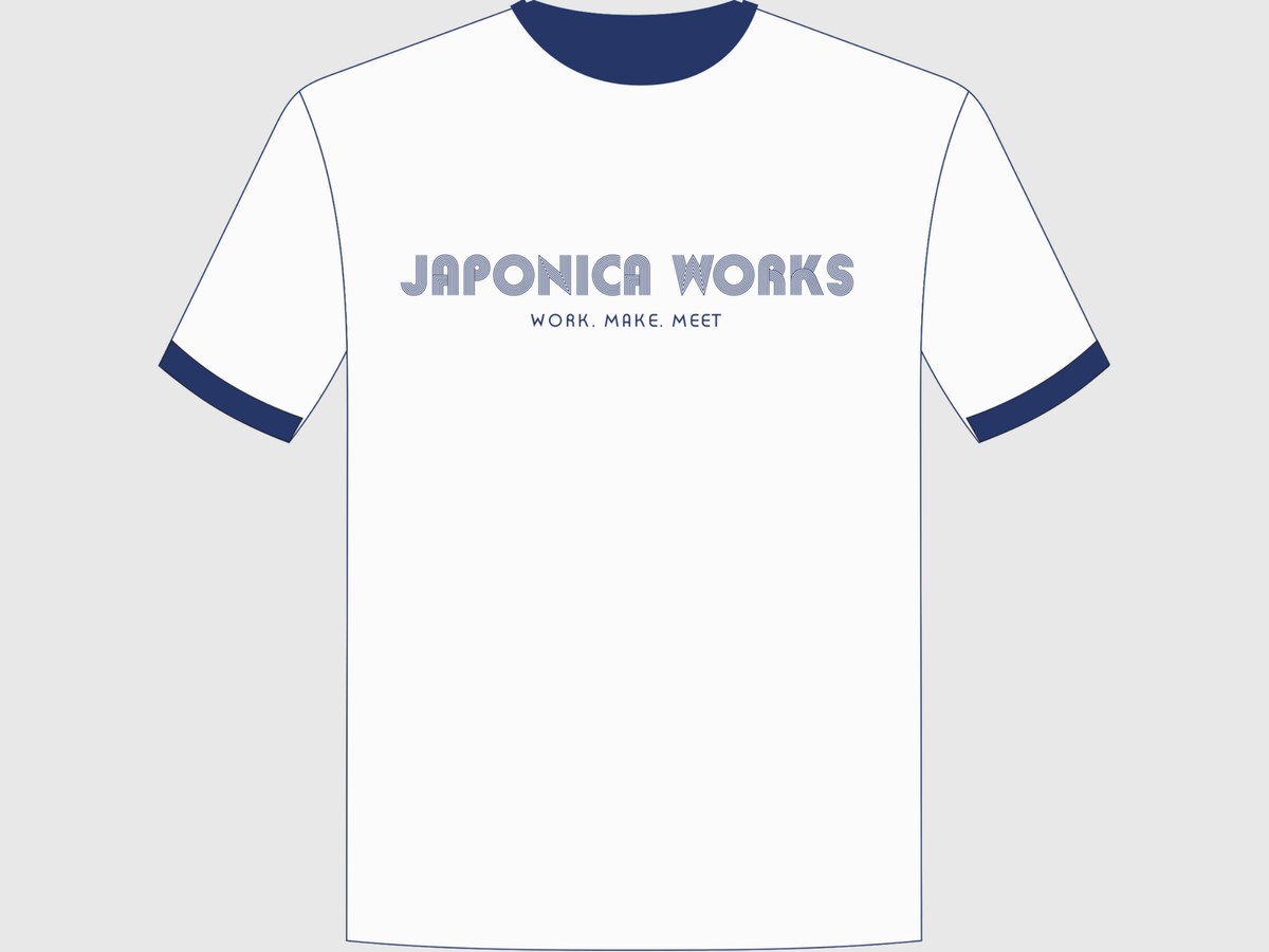 White ringer T-shirt with navy trim and the Japonica Works logo across the chest.