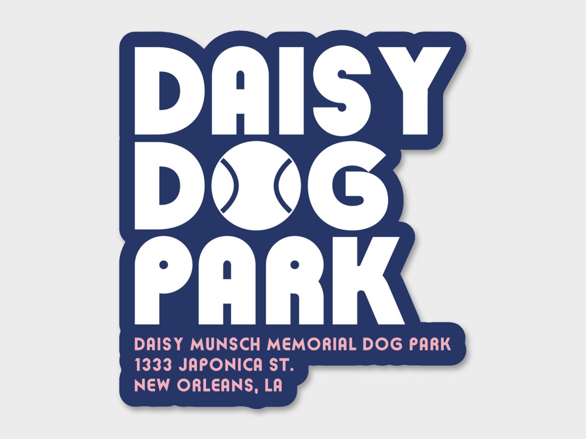 Die-cut Daisy Dog Park sticker in navy, white and pink, with the park's name and address.