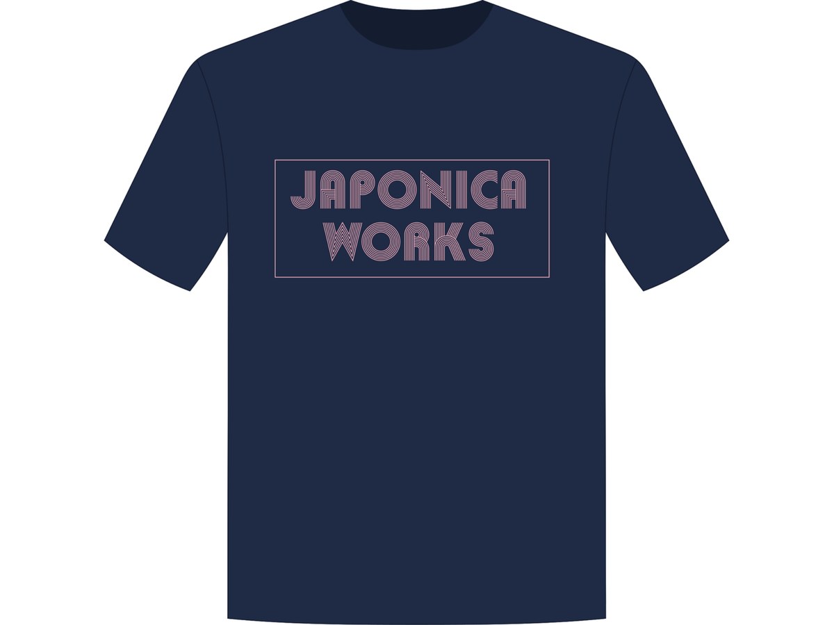 Navy T-shirt with the boxed Japonica Works logo in pink.