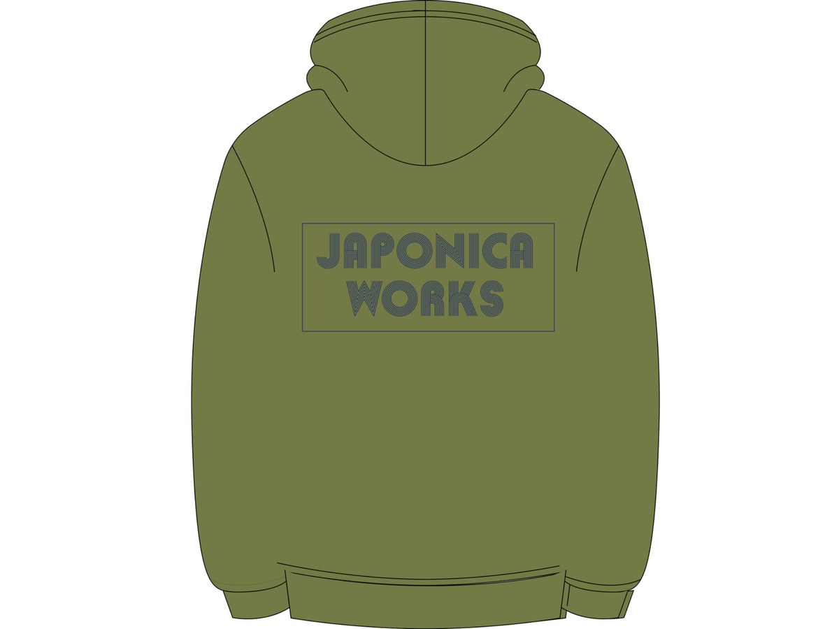 Back of an olive zip hoodie with the boxed Japonica Works logo.