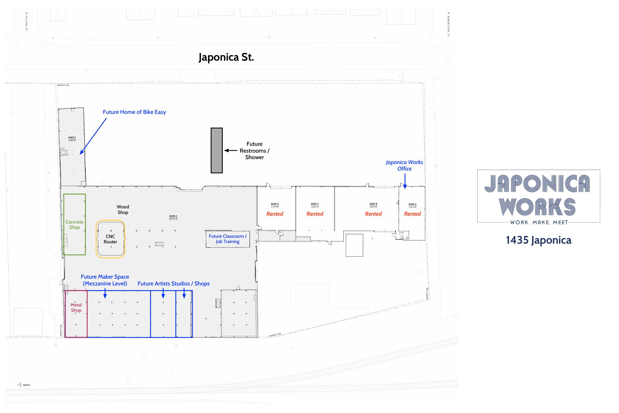 Floor plan of 1435 Japonica Street showing rented suites, the wood, metal and concrete shops, and the future maker space, studios, classroom and restrooms.
